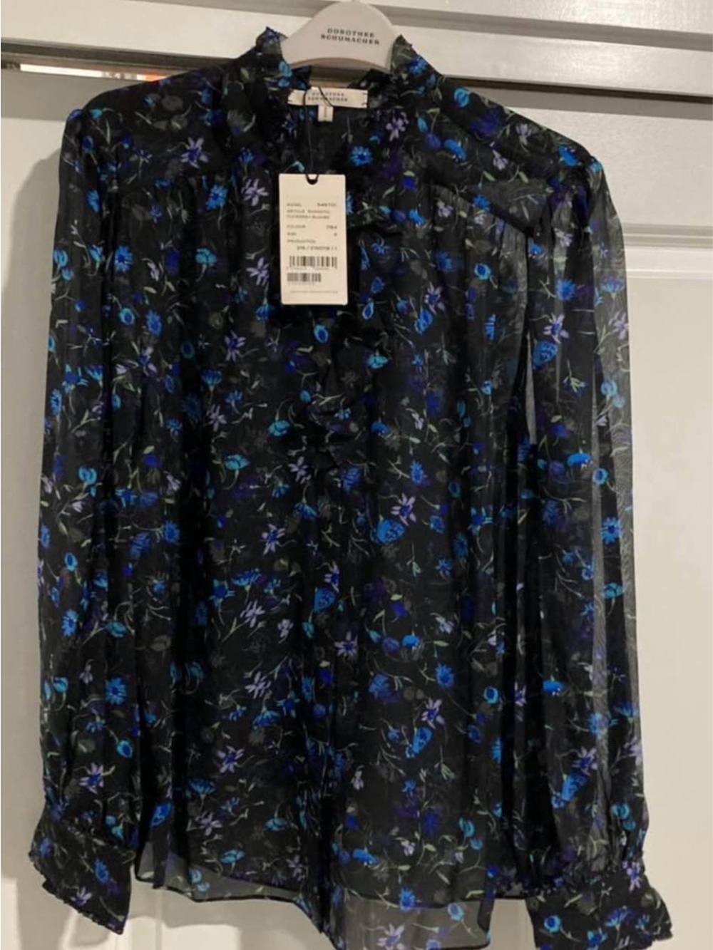Dorothee Schumacher Black Sheer Floral Blouse with Blue Print